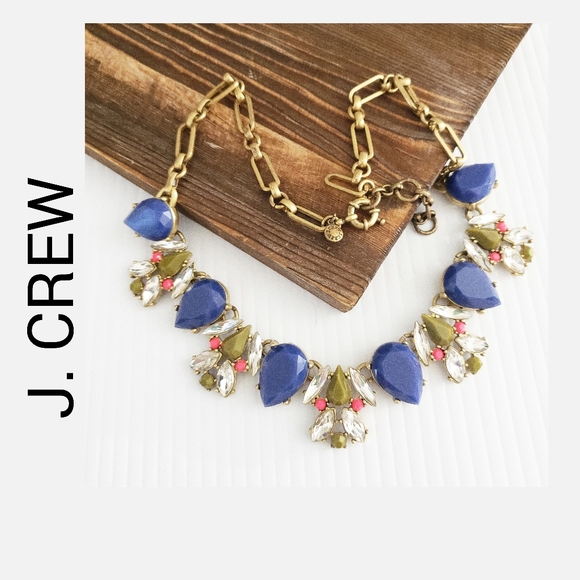 J. Crew Jewelry - J. Crew Bib Rhinestone and Beaded Necklace Signed Statement Piece Blue Goldtone